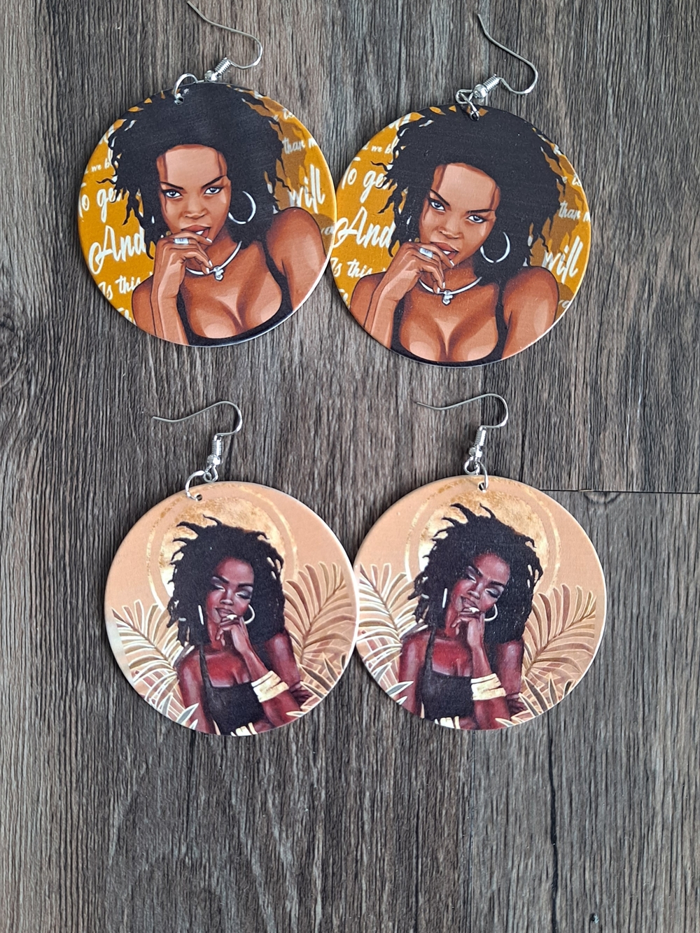Stylish Women Portrait Wood Drop Earrings - Gold and Tan